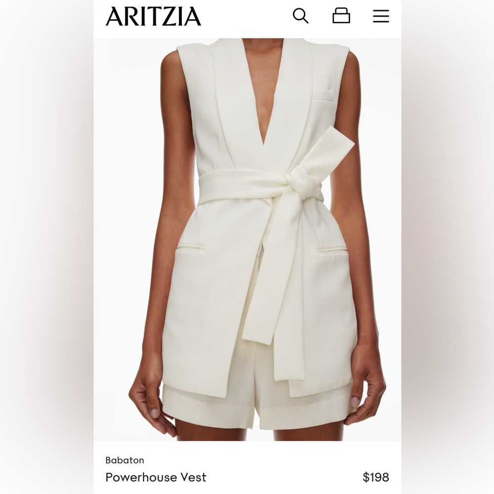 Aritzia babaton powerhouse vest, with belt and mini shorts.